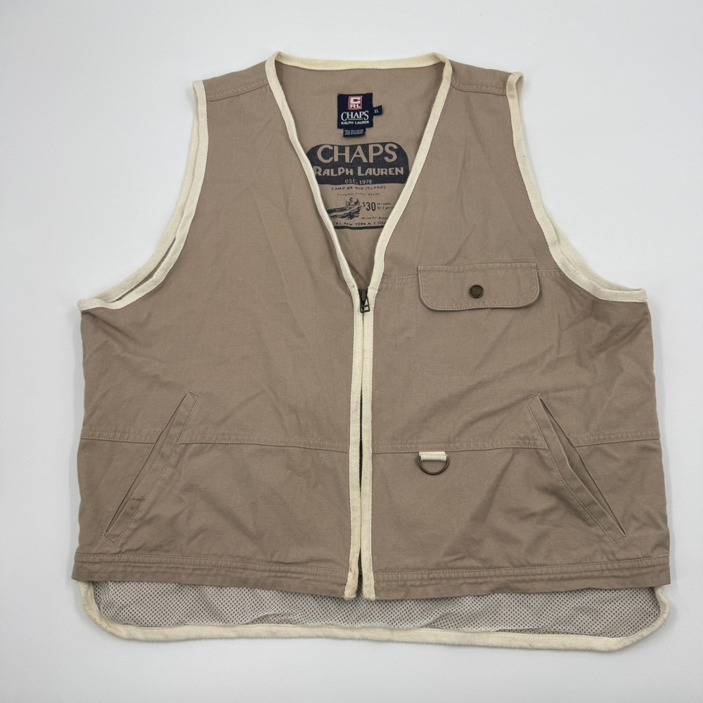 Vintage Chaps Ralph Lauren Fishing Vest Menโ XL Khaki Tan 90's Canvas Gorpcore
